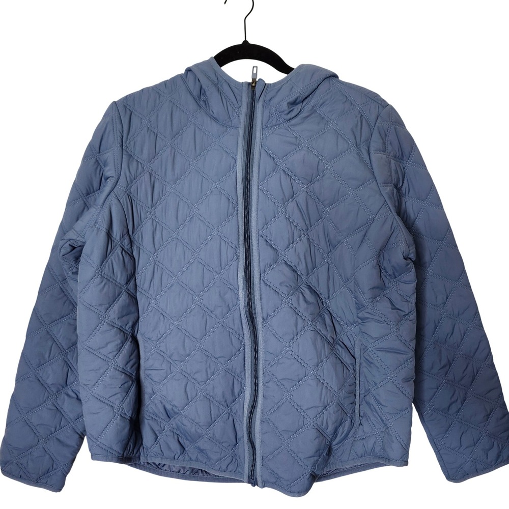 Jockey Womens Large Quilted Hooded Puffer Jacket Blue Full Zip Fall Layer Outdoo